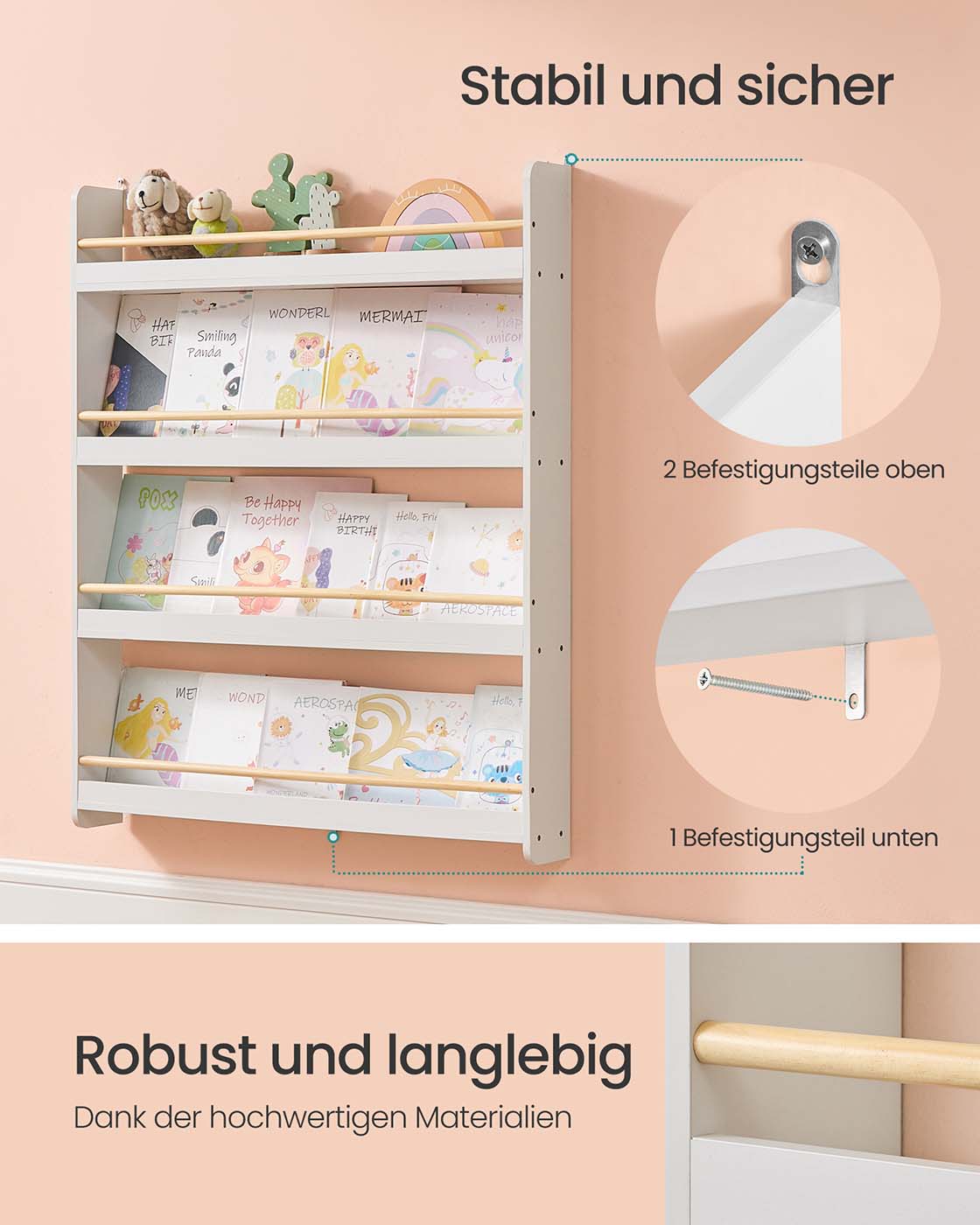 Kids Bookshelf Wall Shelf 3-Tier Children's Bookcase White and Natural