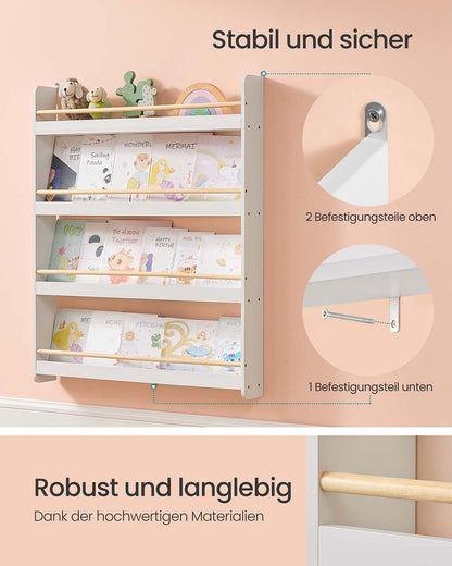 Kids Bookshelf Wall Shelf 3-Tier Children's Bookcase White and Natural