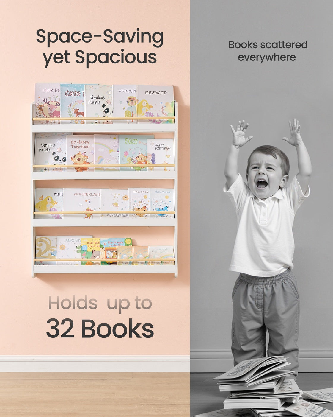 Kids Bookshelf Wall Shelf 3-Tier Children's Bookcase White and Natural - image 10