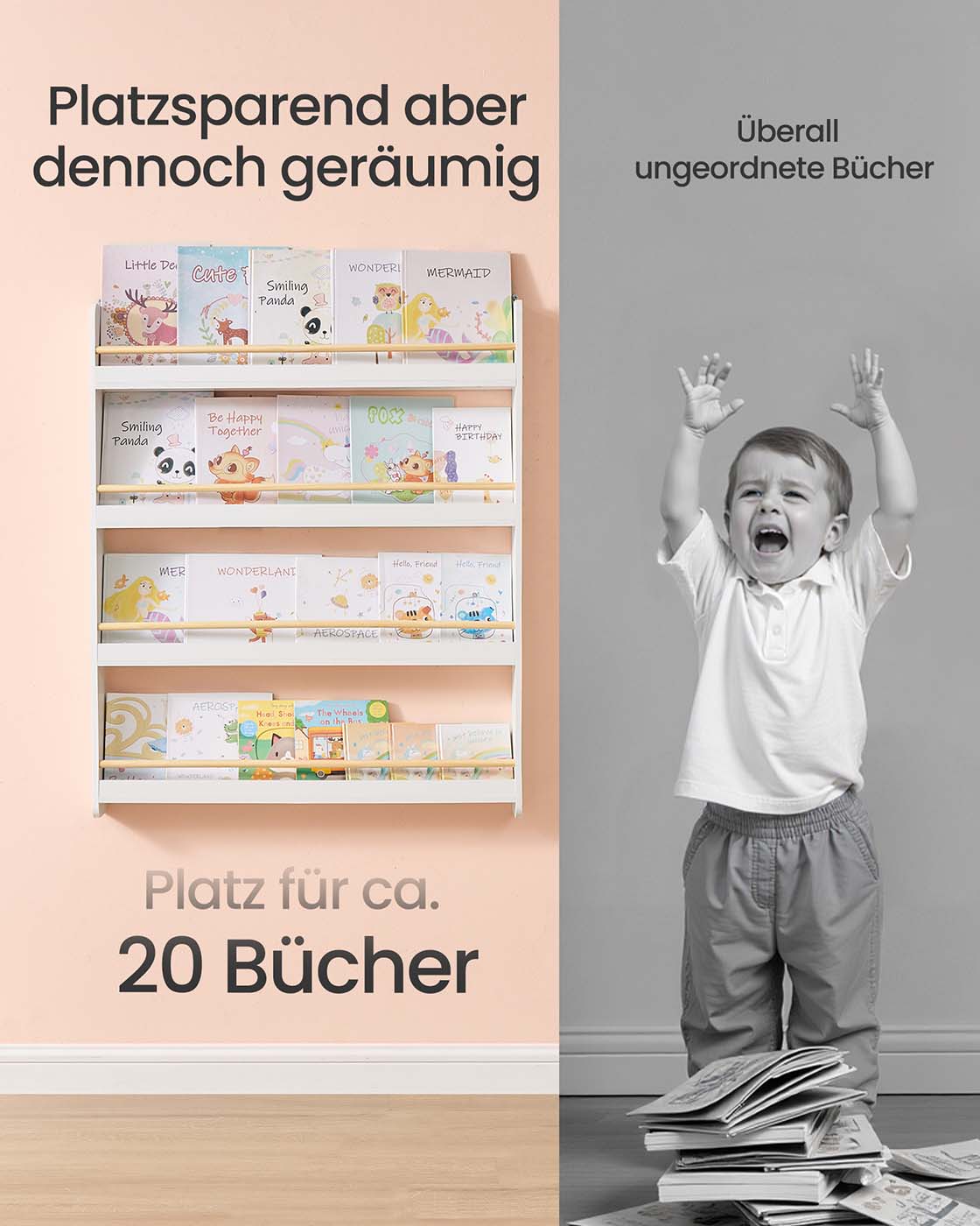 Kids Bookshelf Wall Shelf 3-Tier Children's Bookcase White and Natural