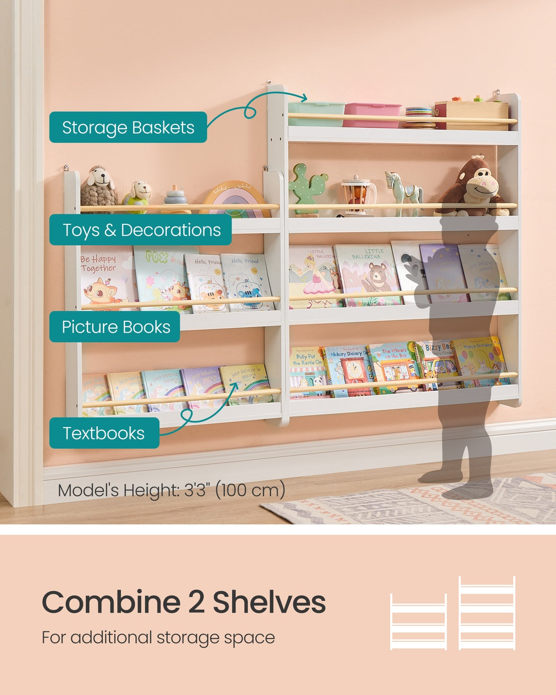 Kids Bookshelf Wall Shelf 3-Tier Children's Bookcase White and Natural - image 11