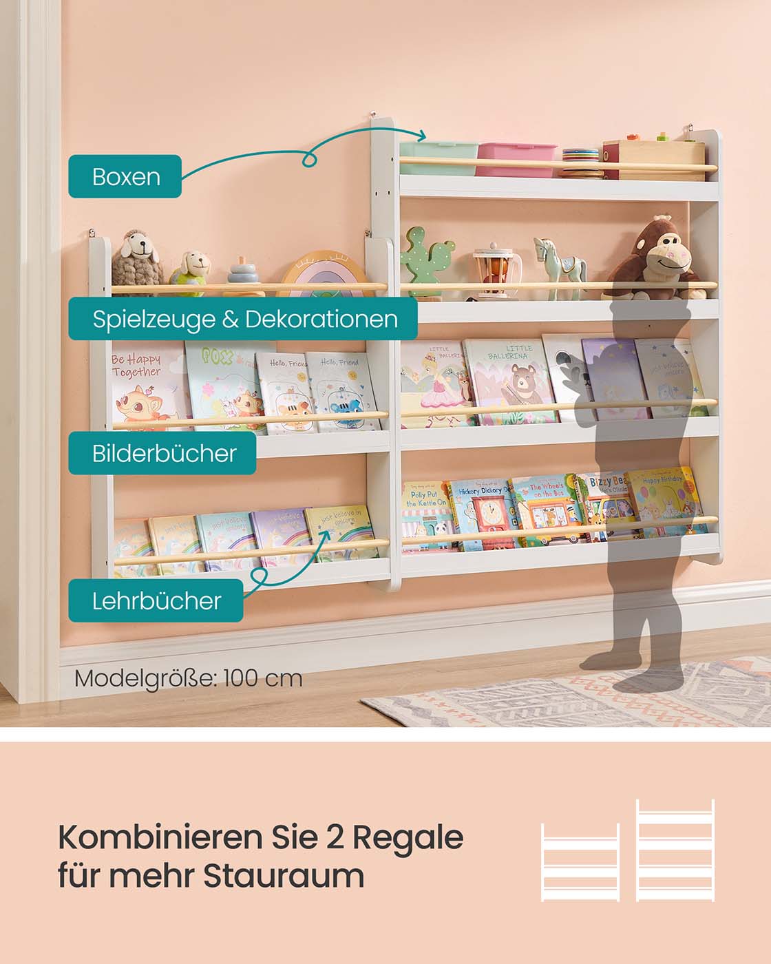 Kids Bookshelf Wall Shelf 3-Tier Children's Bookcase White and Natural