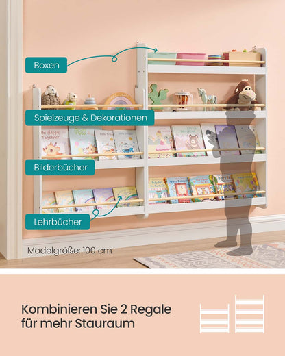Kids Bookshelf Wall Shelf 3-Tier Children's Bookcase White and Natural