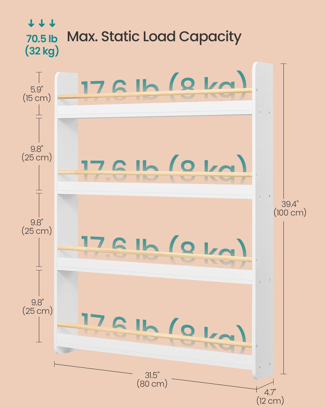 Kids Bookshelf Wall Shelf 3-Tier Children's Bookcase White and Natural - image 12