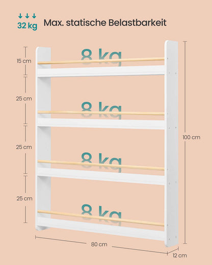 Kids Bookshelf Wall Shelf 3-Tier Children's Bookcase White and Natural