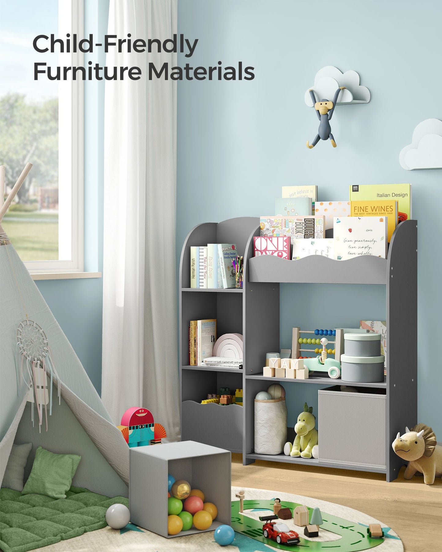 Toy and Book Organizer for Kids, Kids Bookshelf and Toy Storage, Storage Organizer with 2 Storage Boxes, for Playroom, Children's Room, Living Room, Dove Gray