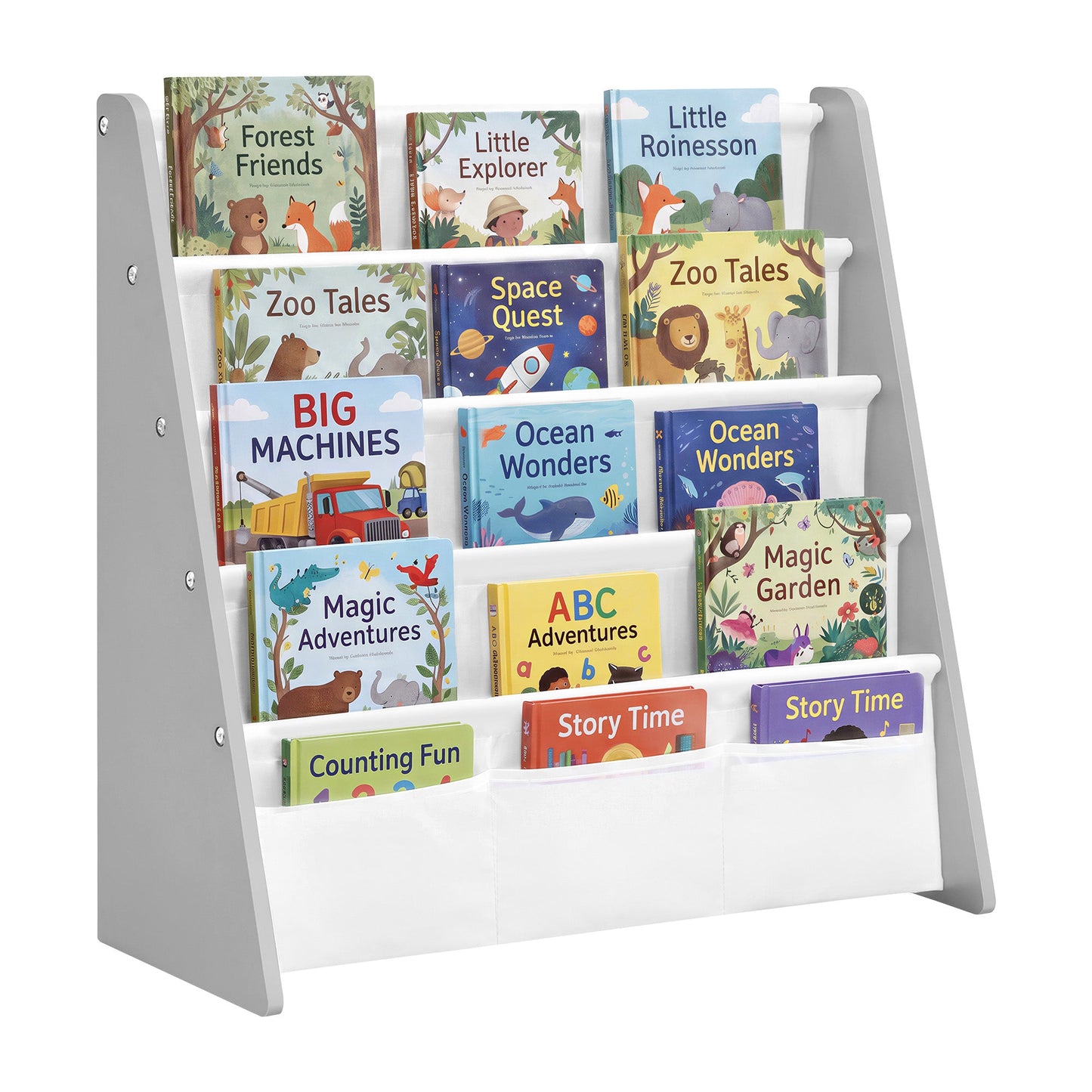 Kids Bookshelf, 4-Tier Sling Bookcase, Fabric Organizer for Toddlers, 24.6 x 9.8 x 23.6 Inch - image 11