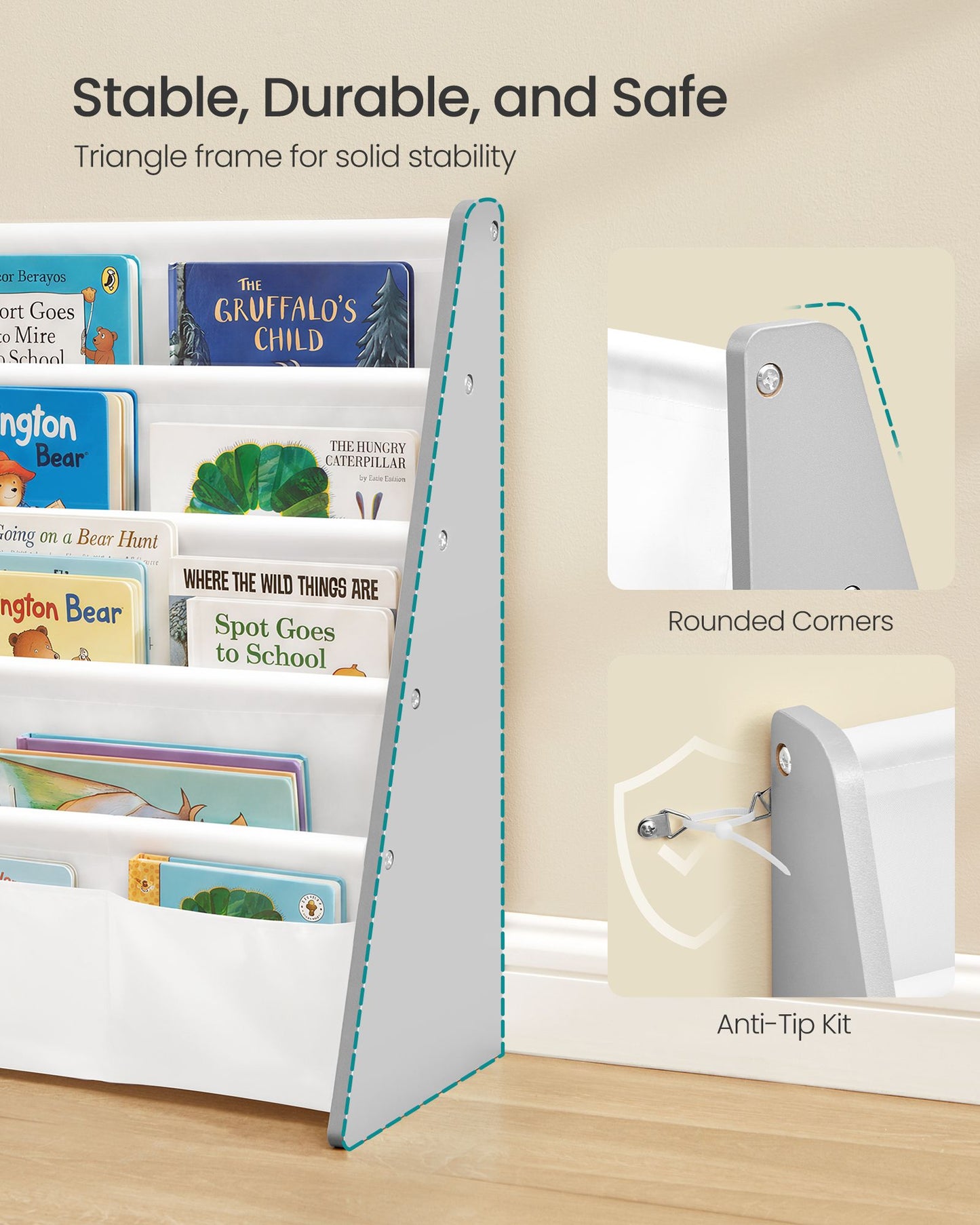 Kids Bookshelf, 4-Tier Sling Bookcase, Fabric Organizer for Toddlers, 24.6 x 9.8 x 23.6 Inch - image 5