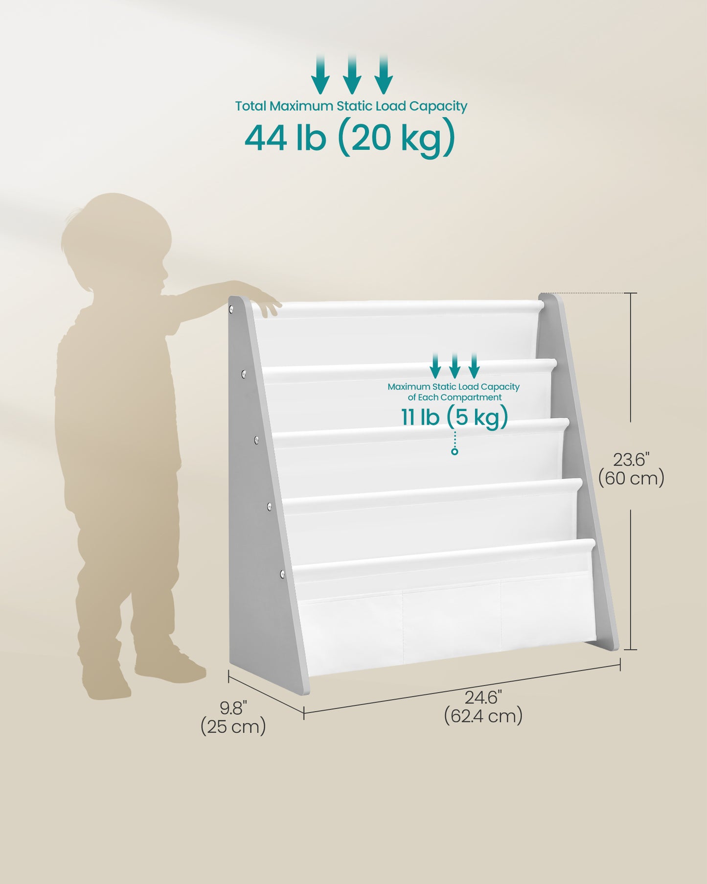 Kids Bookshelf, 4-Tier Sling Bookcase, Fabric Organizer for Toddlers, 24.6 x 9.8 x 23.6 Inch - image 6