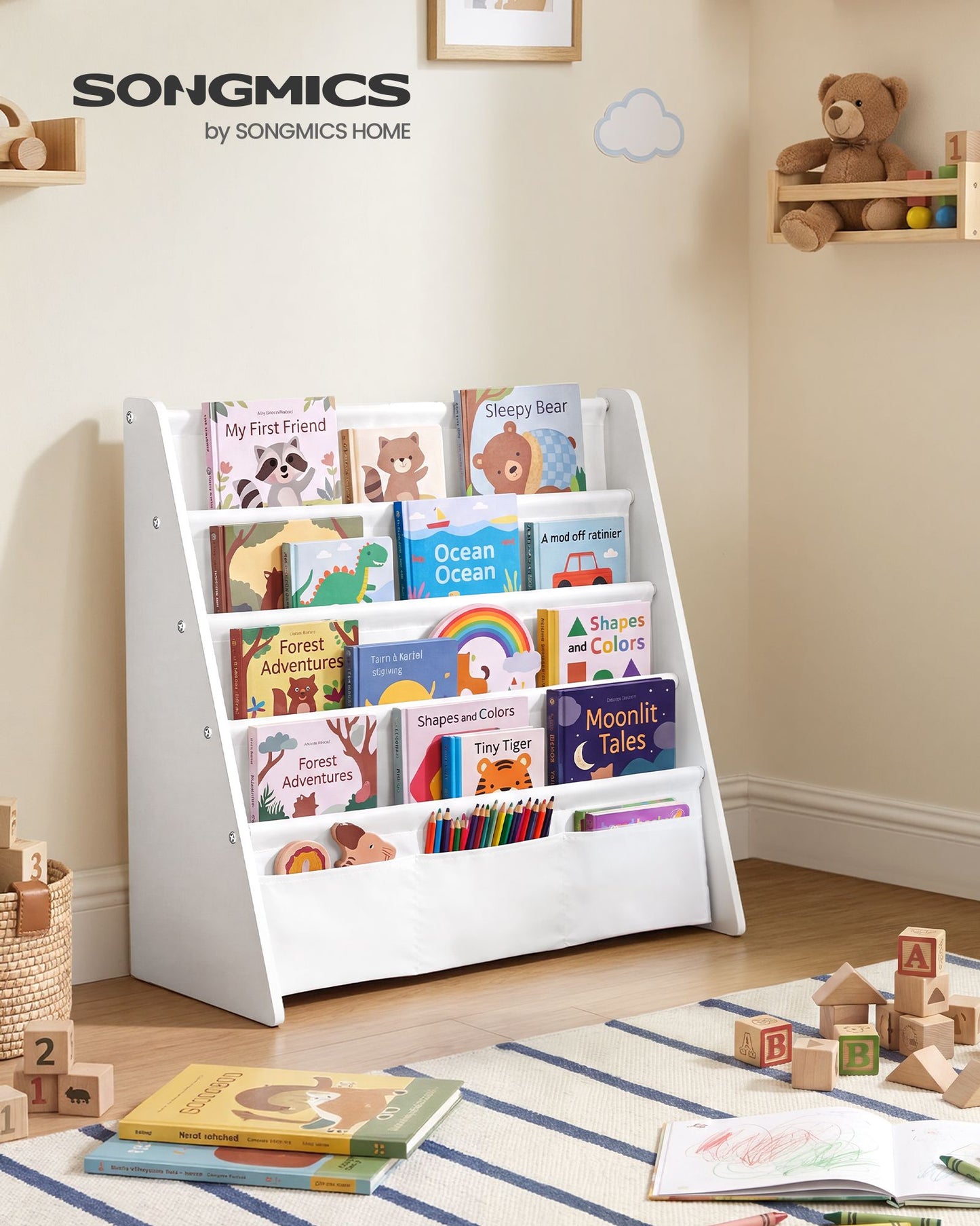 Kids Bookshelf, 4-Tier Sling Bookcase, Fabric Organizer for Toddlers, 24.6 x 9.8 x 23.6 Inch - image 8