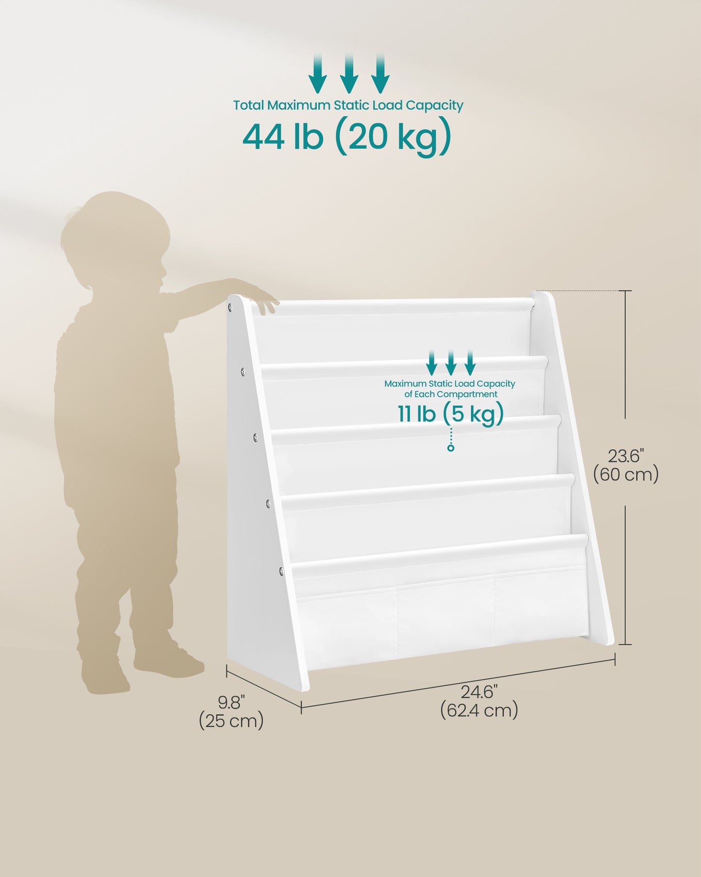 Kids Bookshelf, 4-Tier Sling Bookcase, Fabric Organizer for Toddlers, 24.6 x 9.8 x 23.6 Inch - image 9
