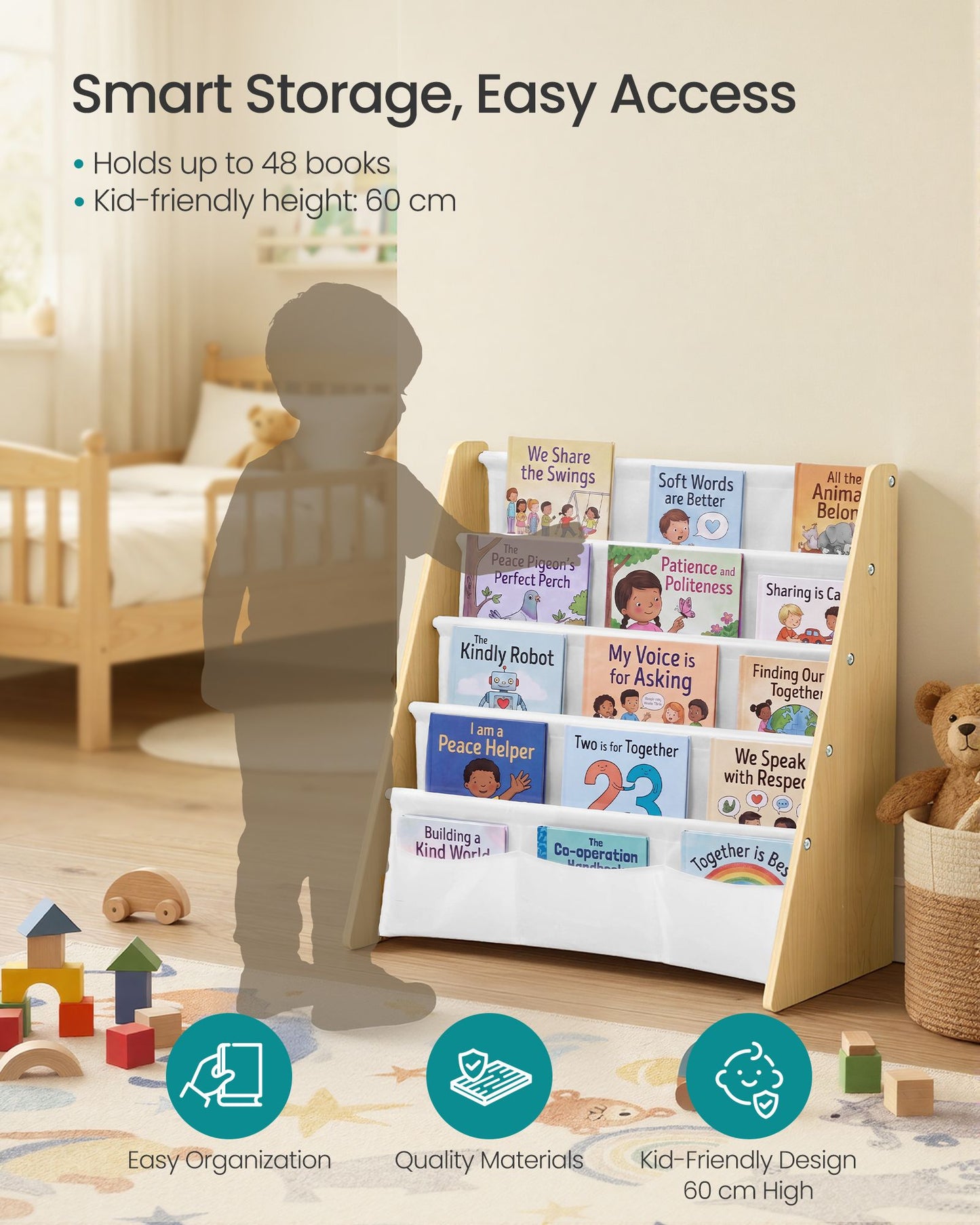 Kids Bookshelf, 4-Tier Sling Bookcase, Fabric Organizer for Toddlers, 24.6 x 9.8 x 23.6 Inch - image 2