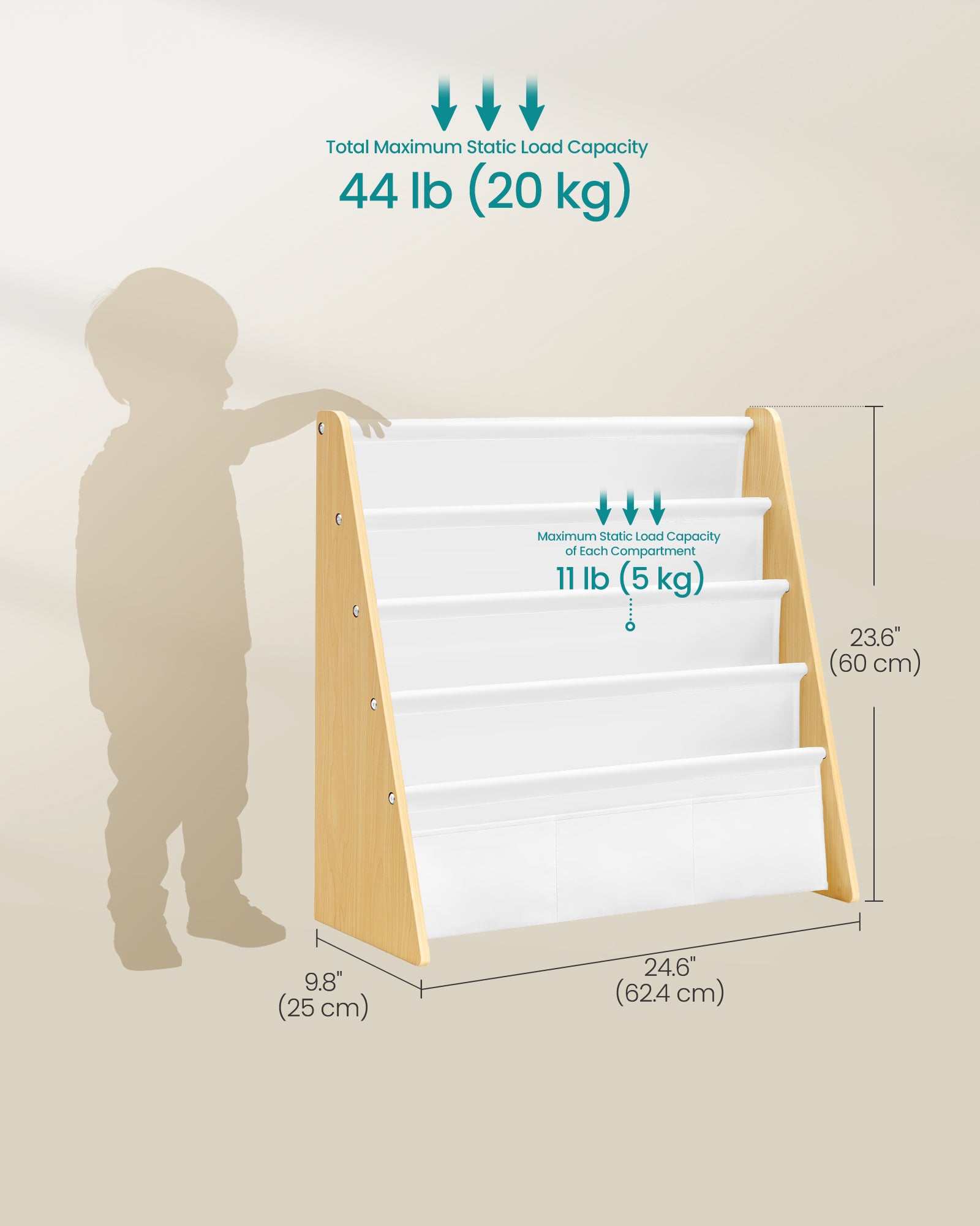 Kids Bookshelf, 4-Tier Sling Bookcase, Fabric Organizer for Toddlers, 24.6 x 9.8 x 23.6 Inch - image 3