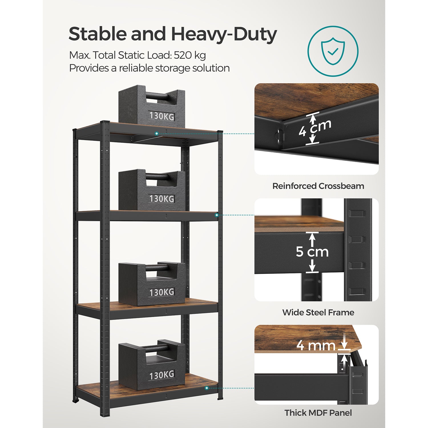 4-Tier Shelving Unit with 520 kg Capacity Black - image 14
