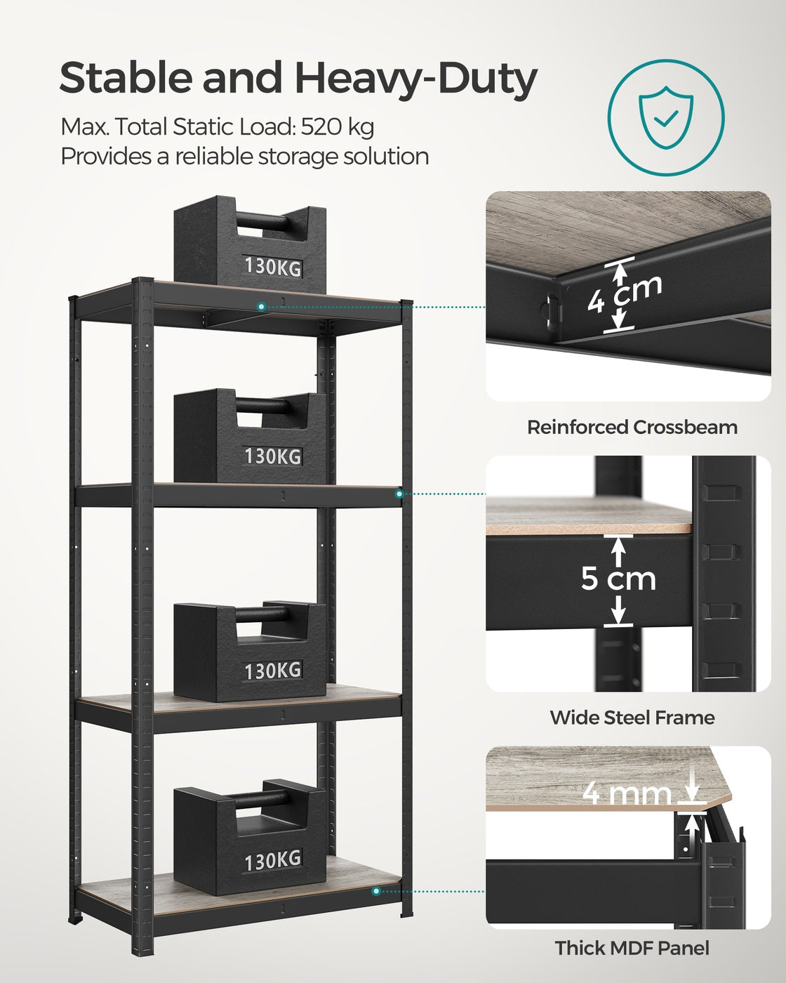 4-Tier Shelving Unit with 520 kg Capacity Black - image 24