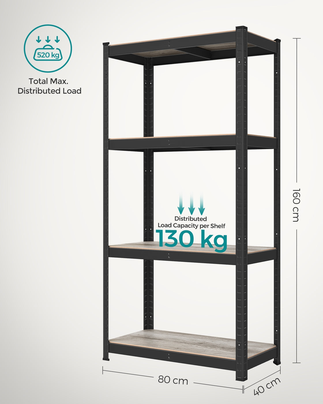 4-Tier Shelving Unit with 520 kg Capacity Black - image 28