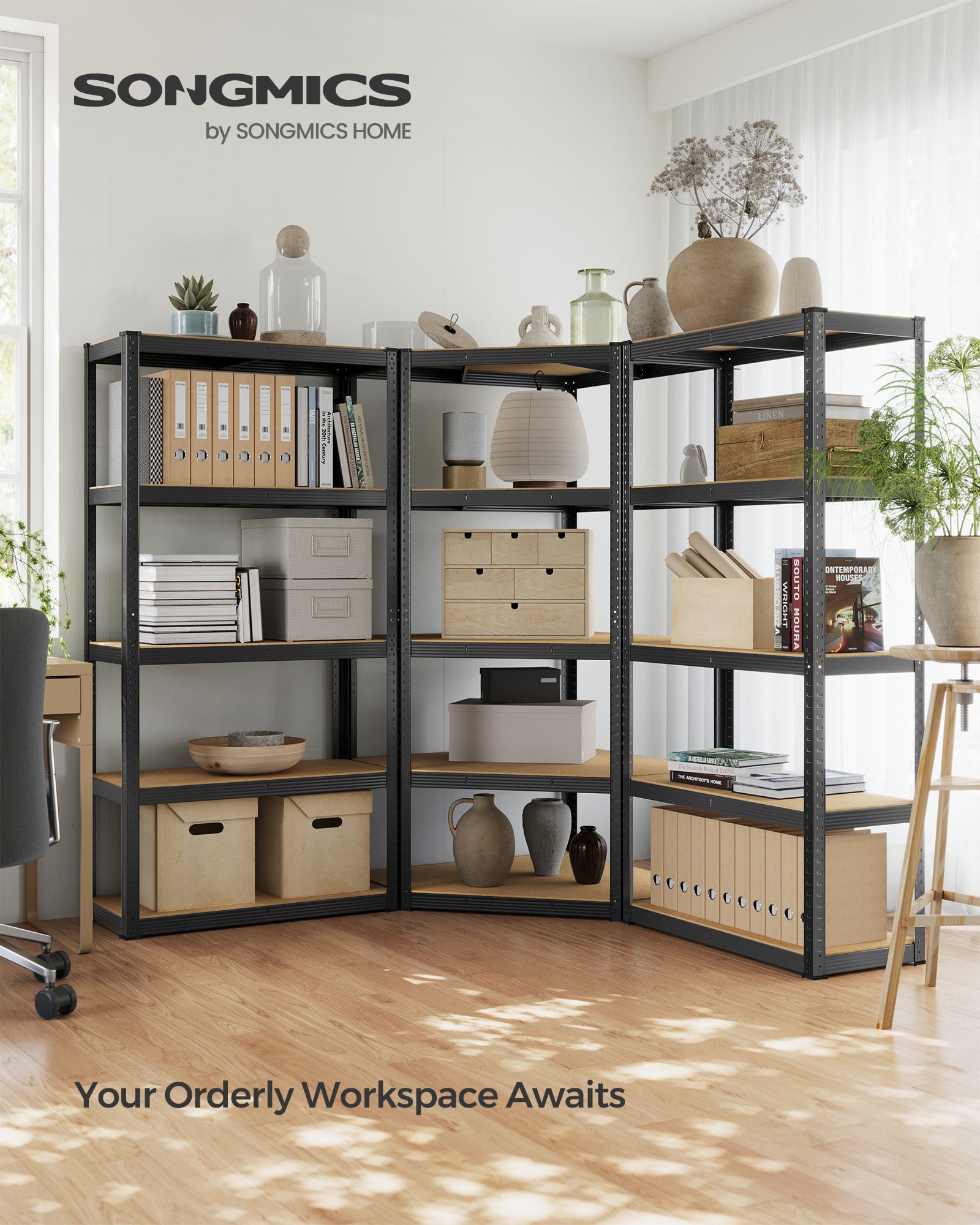5-Tier Corner Shelf 180 cm Wide Ink Black and Natural Beige - image 3