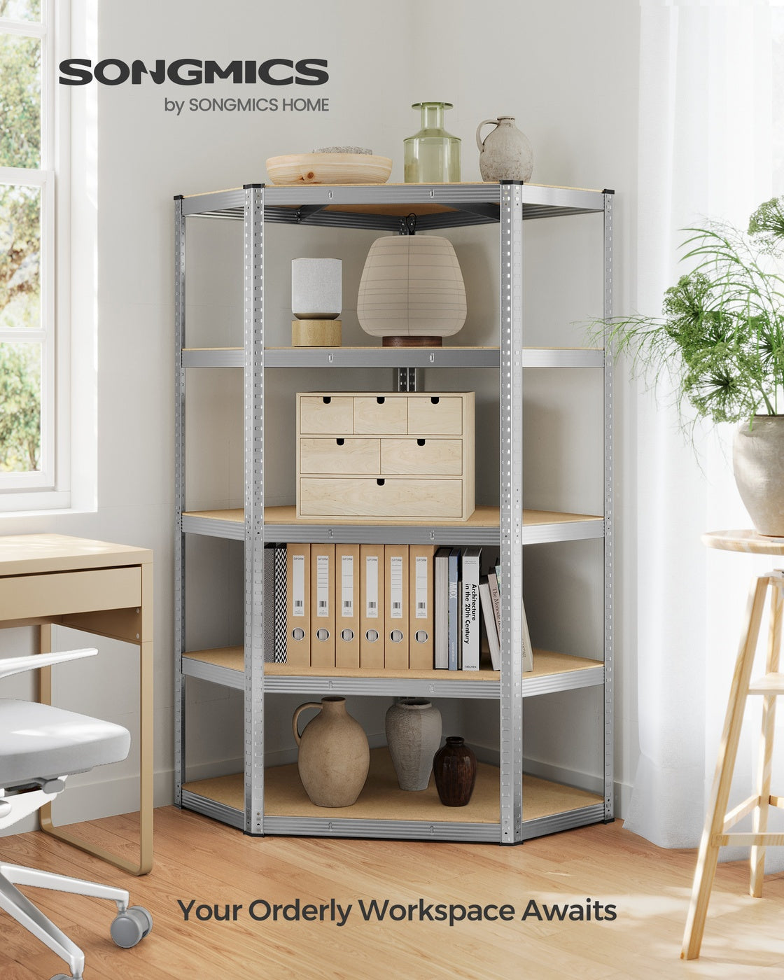 5-Tier Corner Shelf 90 cm Wide Silver and Natural Beige - image 2
