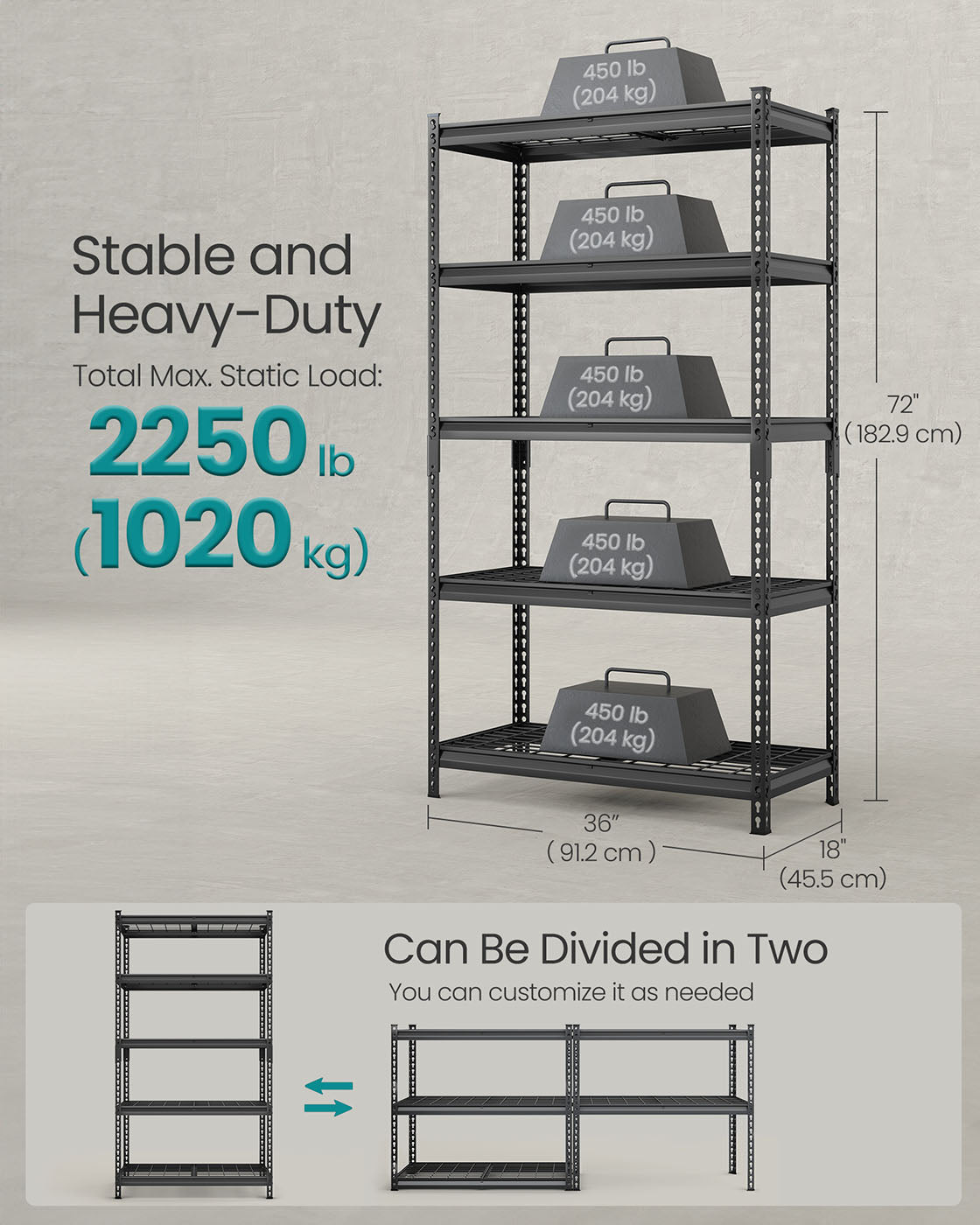 5-Tier Storage Shelves, 2,250 lb Load - HWLEXTRA 