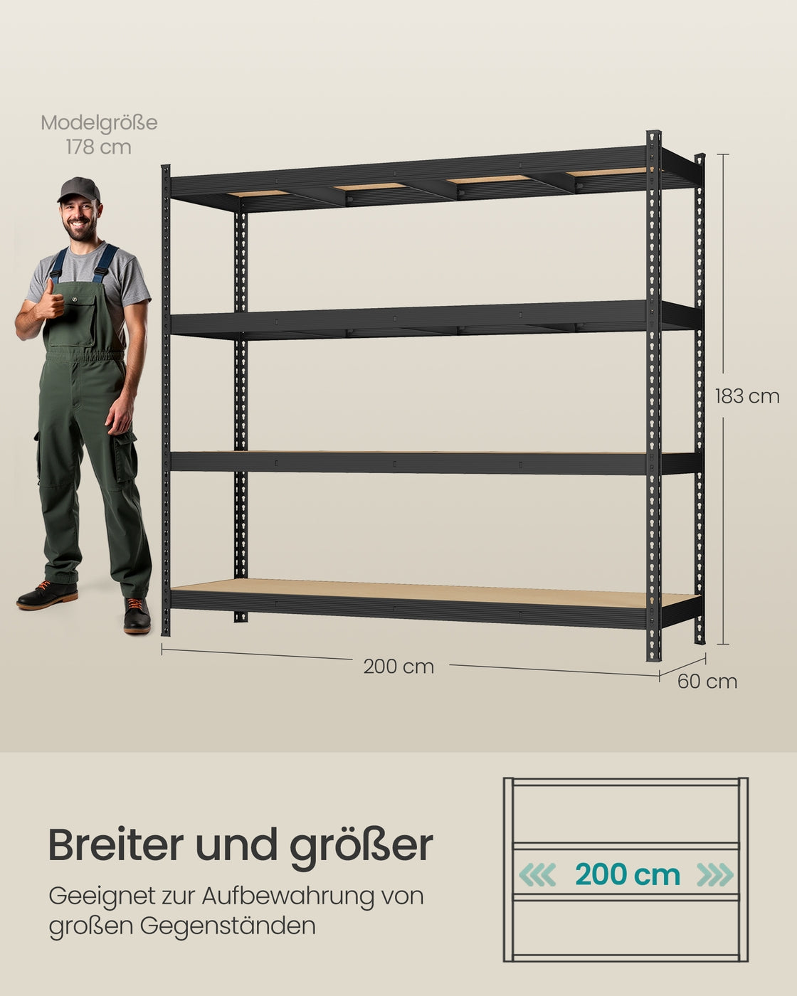 Heavy Duty Shelving Unit Garage Shelves 4-Tier 60 x 200 x 183 cm Ink Black
