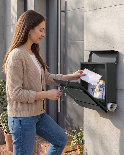 Lockable Wall-Mounted Post Letter Box with Newspaper Holder - image 3