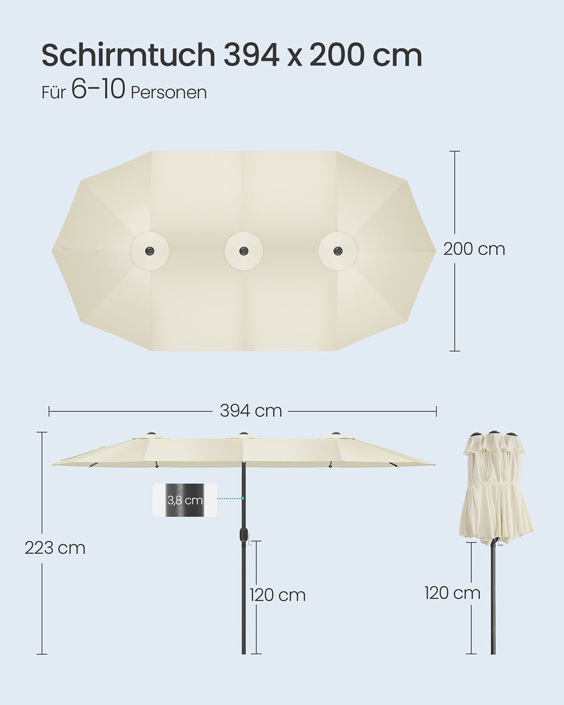 Beige Double Garden Parasol — 394 x 200 cm