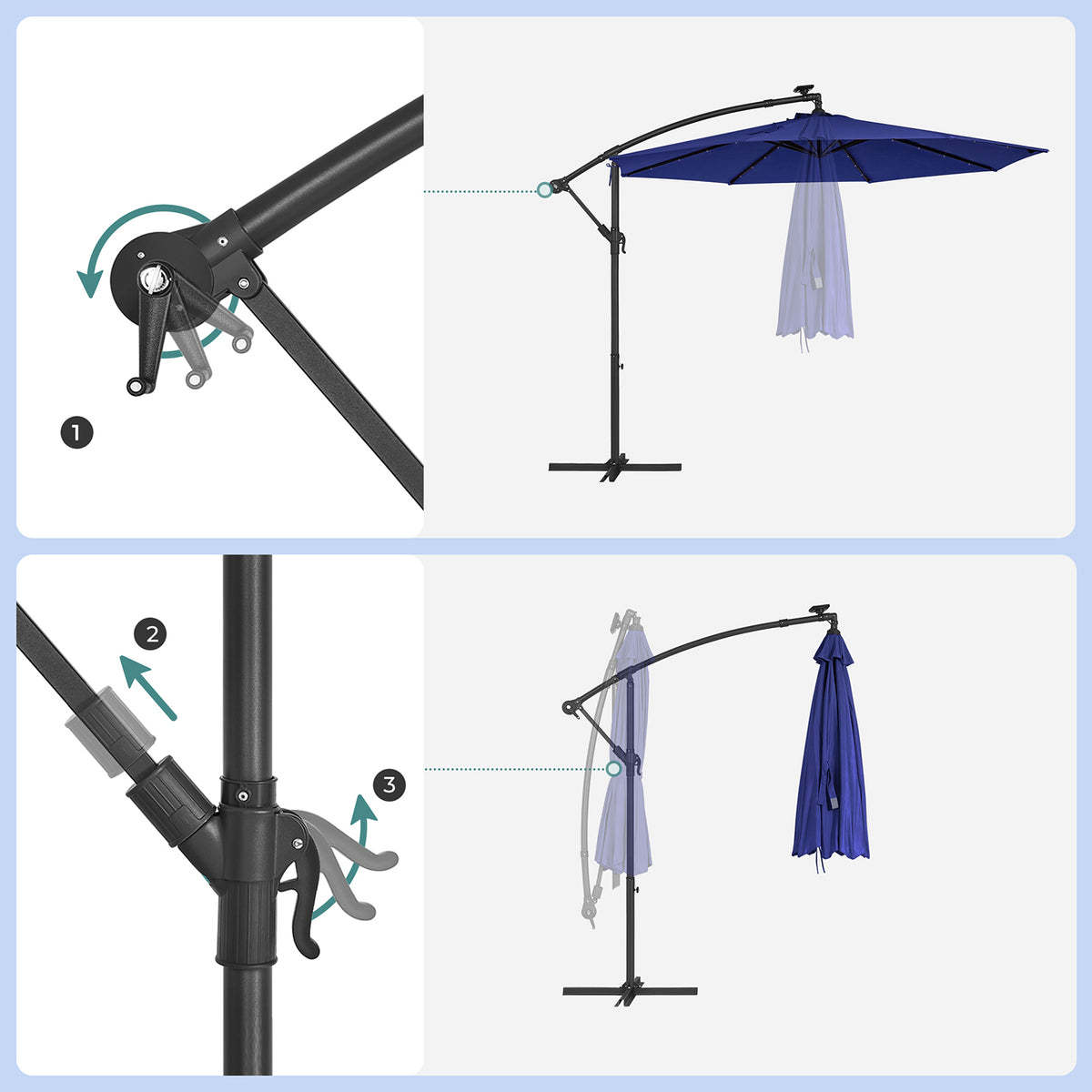 Cantilever 3 m Garden Parasol Umbrella with LED, Navy Blue