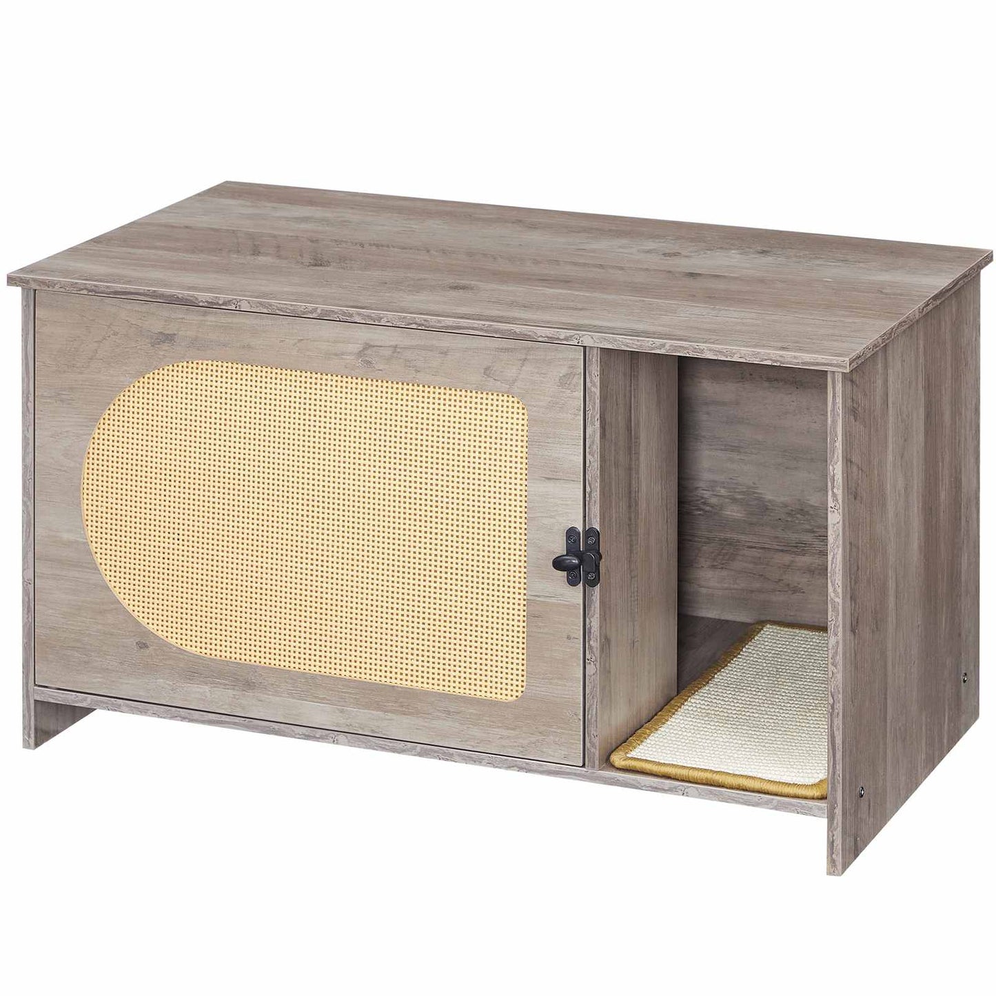 Cat Litter Box Enclosure with Rattan Door - Grey