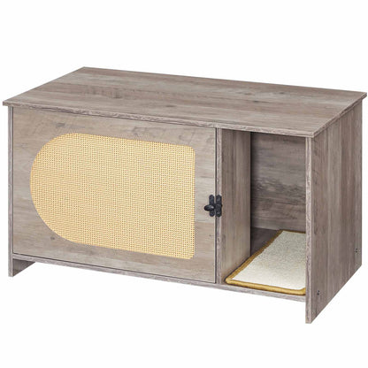 Cat Litter Box Enclosure with Rattan Door - Grey