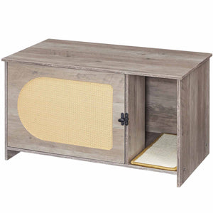Cat Litter Box Enclosure with Rattan Door - Grey