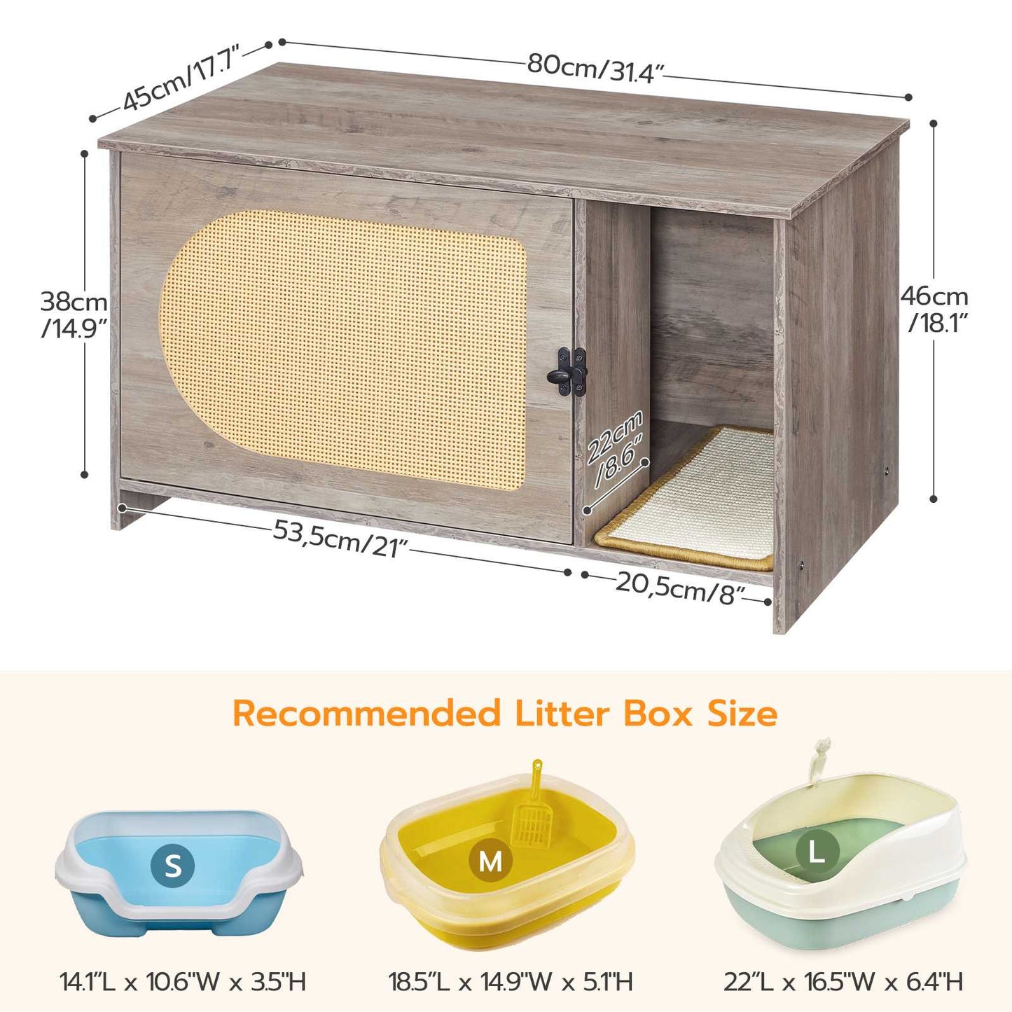 Cat Litter Box Enclosure with Rattan Door - Grey