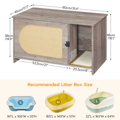 Cat Litter Box Enclosure with Rattan Door - Grey