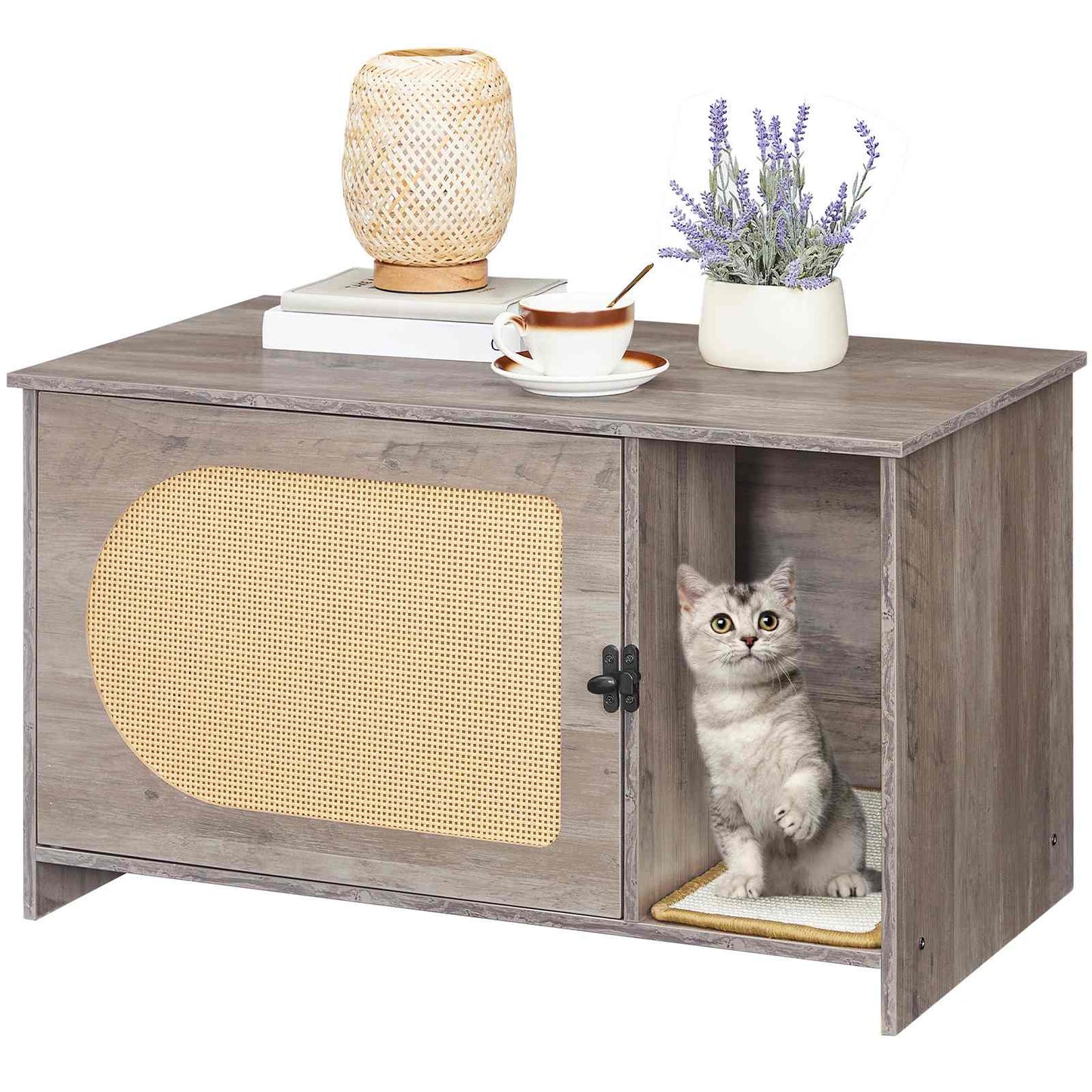 Cat Litter Box Enclosure with Rattan Door - Grey