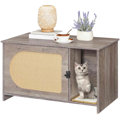 Cat Litter Box Enclosure with Rattan Door - Grey