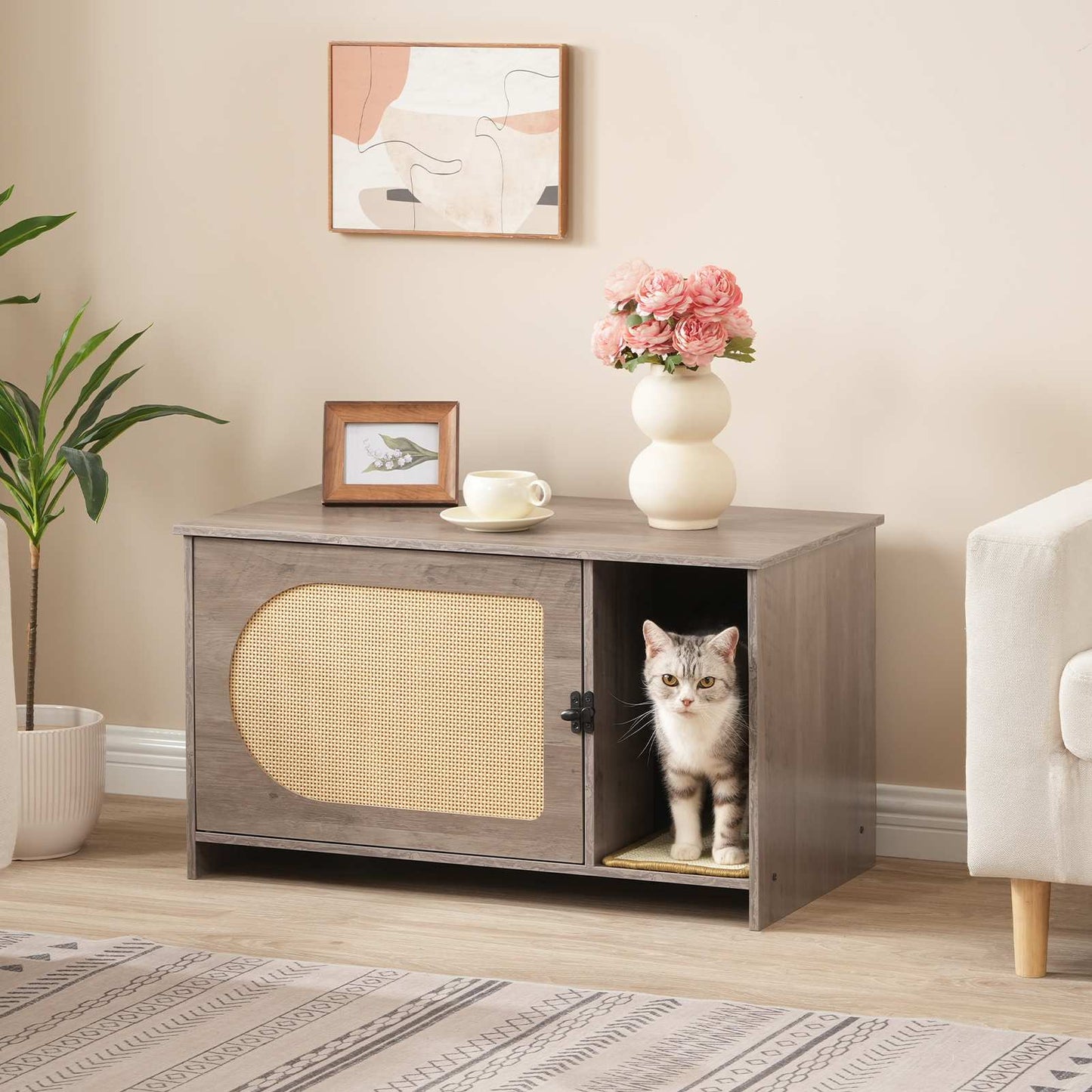 Cat Litter Box Enclosure with Rattan Door - Grey