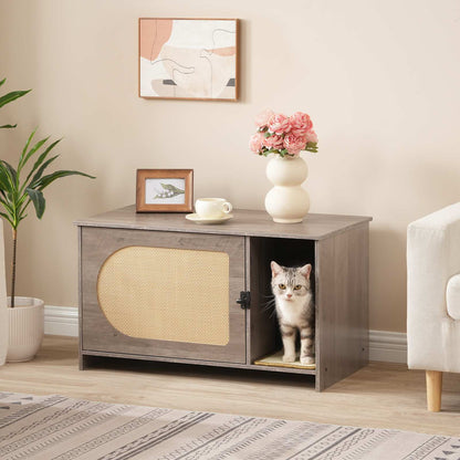 Cat Litter Box Enclosure with Rattan Door - Grey