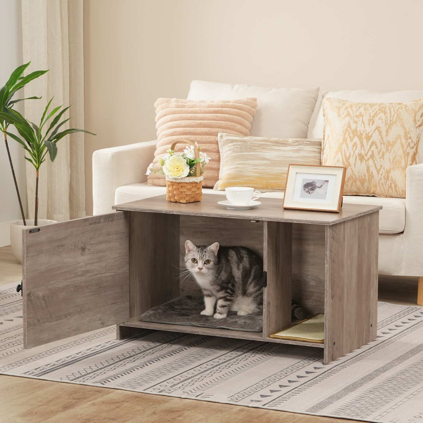Cat Litter Box Enclosure with Rattan Door - Grey