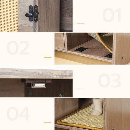 Cat Litter Box Enclosure with Rattan Door - Grey