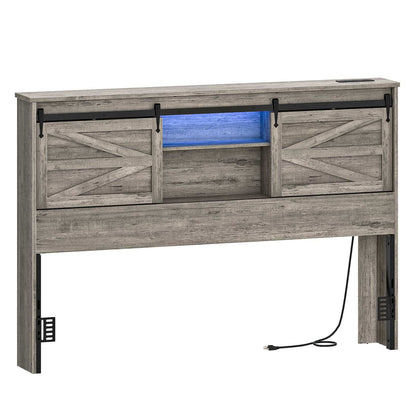 Queen Headboard with Storage Shelf, Charging Station, LED - Grey - HWLEXTRA 