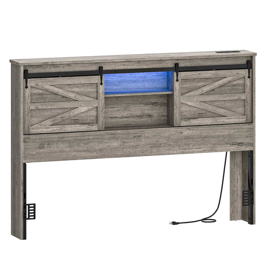 Queen Headboard with Storage Shelf, Charging Station, LED - Grey - HWLEXTRA 