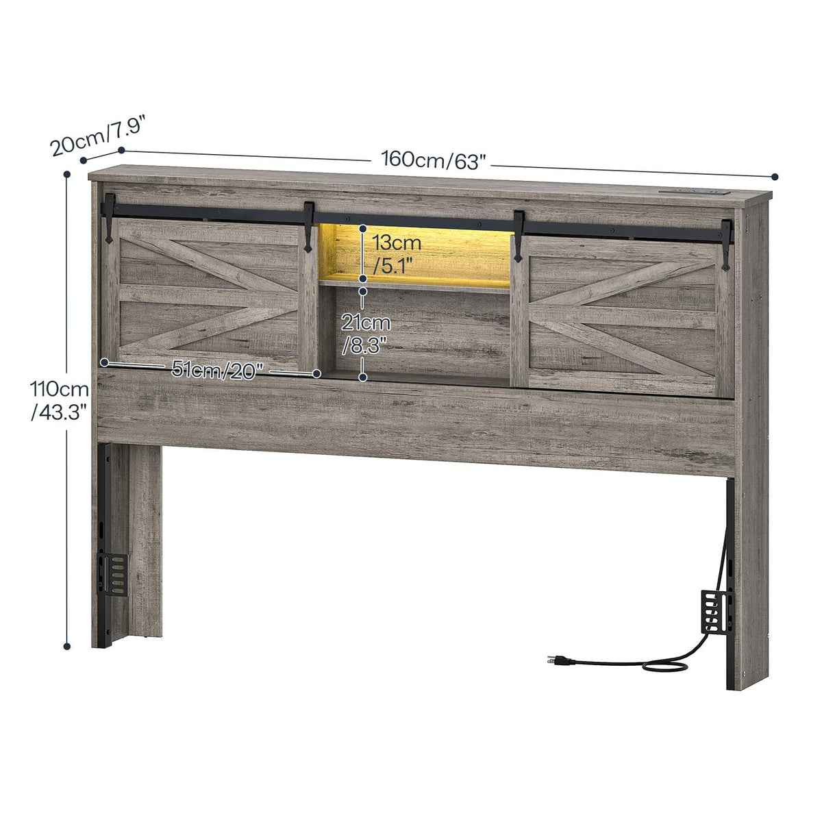 Queen Headboard with Storage Shelf, Charging Station, LED - Grey - HWLEXTRA 