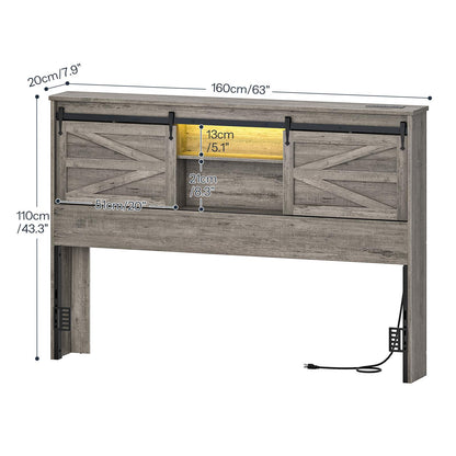 Queen Headboard with Storage Shelf, Charging Station, LED - Grey - HWLEXTRA 
