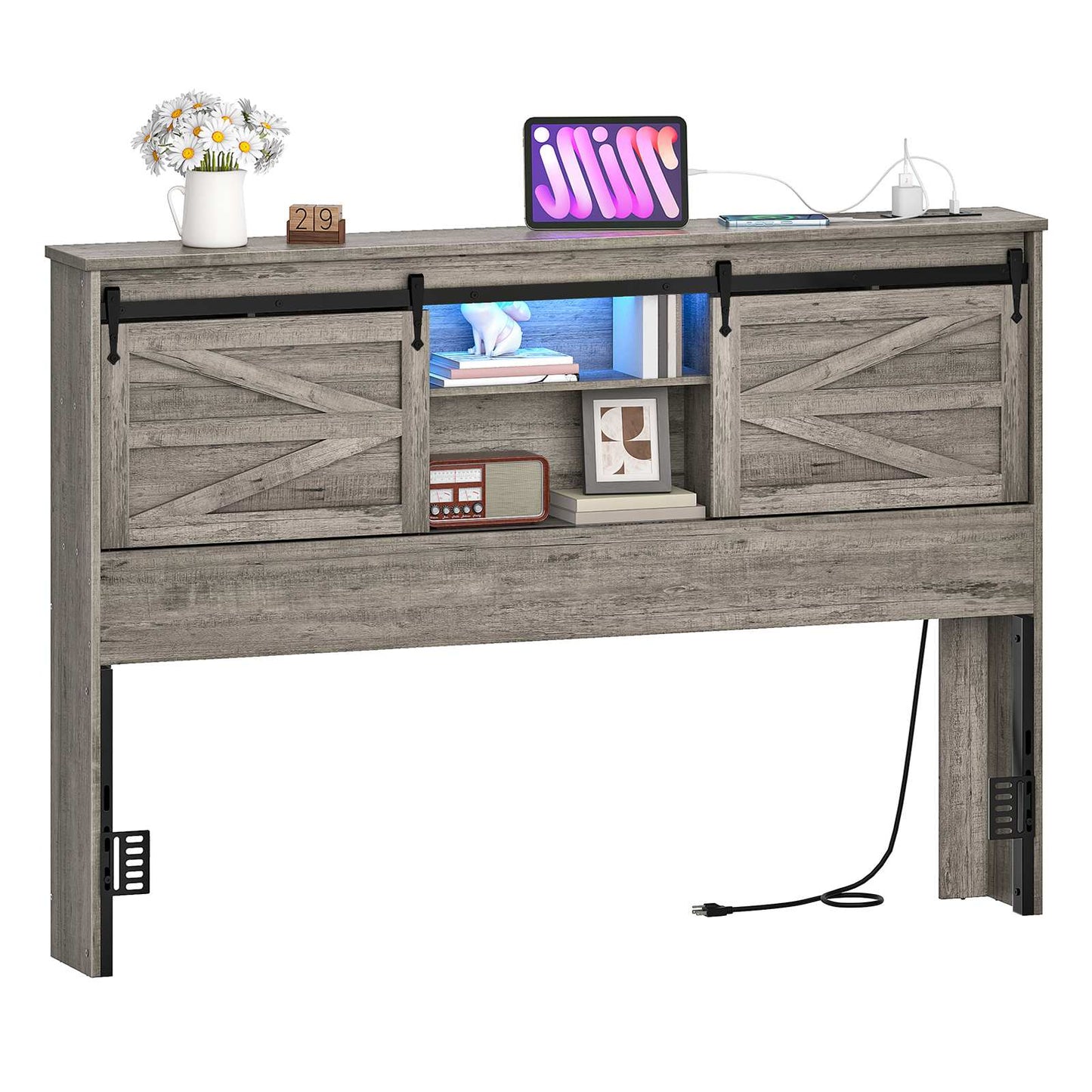 Queen Headboard with Storage Shelf, Charging Station, LED - Grey - HWLEXTRA 