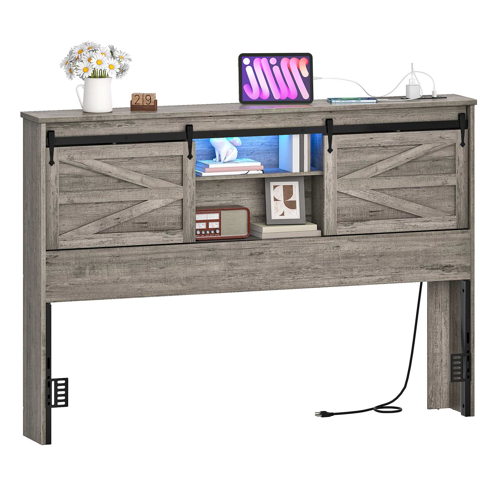 Queen Headboard with Storage Shelf, Charging Station, LED - Grey - HWLEXTRA 