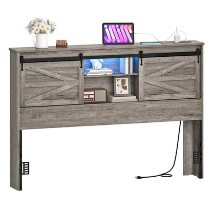 Queen Headboard with Storage Shelf, Charging Station, LED - Grey - HWLEXTRA 