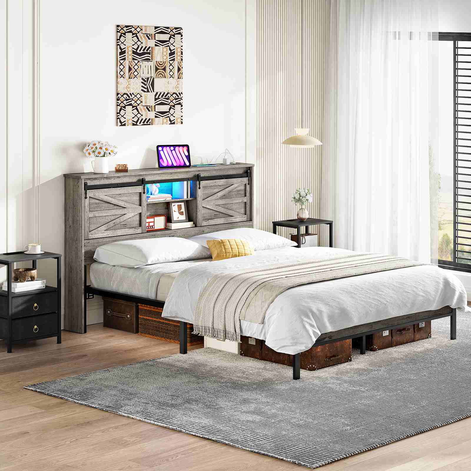 Queen Headboard with Storage Shelf, Charging Station, LED - Grey - HWLEXTRA 