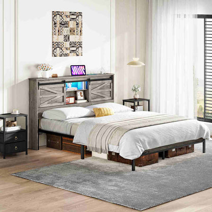 Queen Headboard with Storage Shelf, Charging Station, LED - Grey - HWLEXTRA 