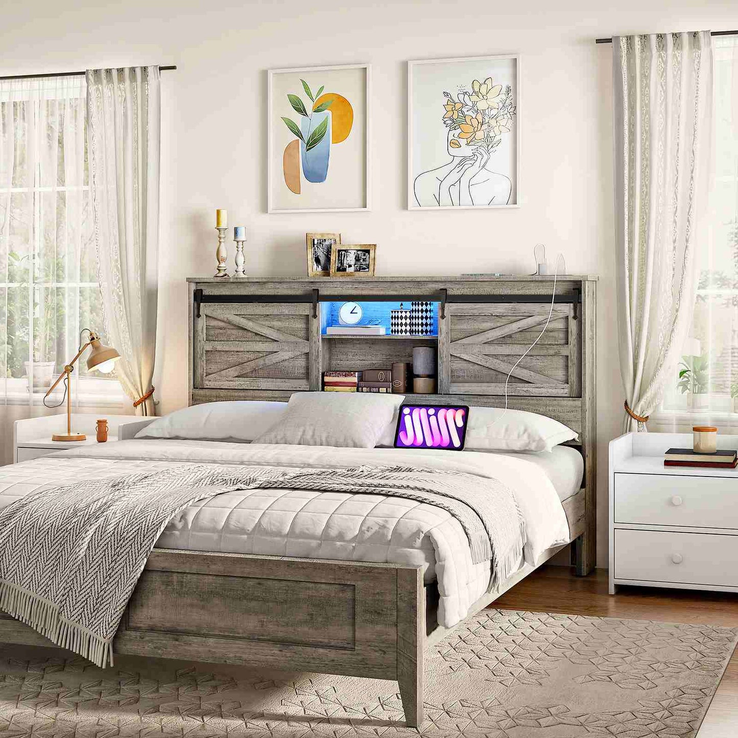 Queen Headboard with Storage Shelf, Charging Station, LED - Grey - HWLEXTRA 