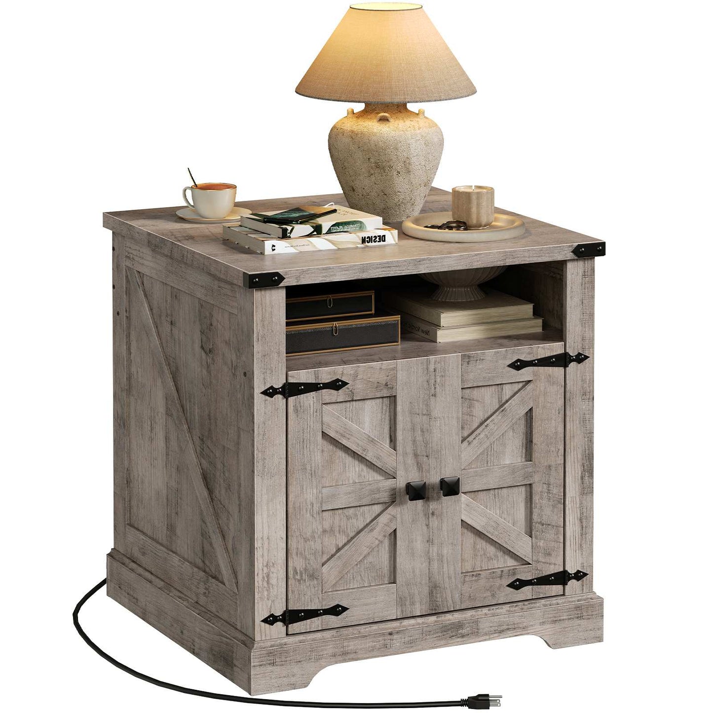 Farmhouse End Table with Charging Station - Grey
