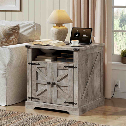 Farmhouse End Table with Charging Station - Grey
